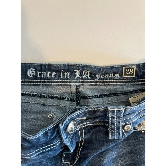 Grace in LA Jeans Sz 9/28 Flare 90s Y2K Low Rise Blinged Out Jeans Flap Pockets - Picture 8 of 9